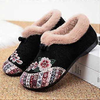 Women's Plus Size Fleece Lined Embroidered Ankle Boots - Ethnic Style Cotton Snow Boots