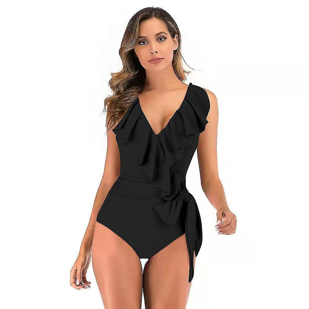 Women's V Neck Piece Bikini Ruffled High Waisted Backless Tankini Swimsuit Tummy Beach Bathing Suit