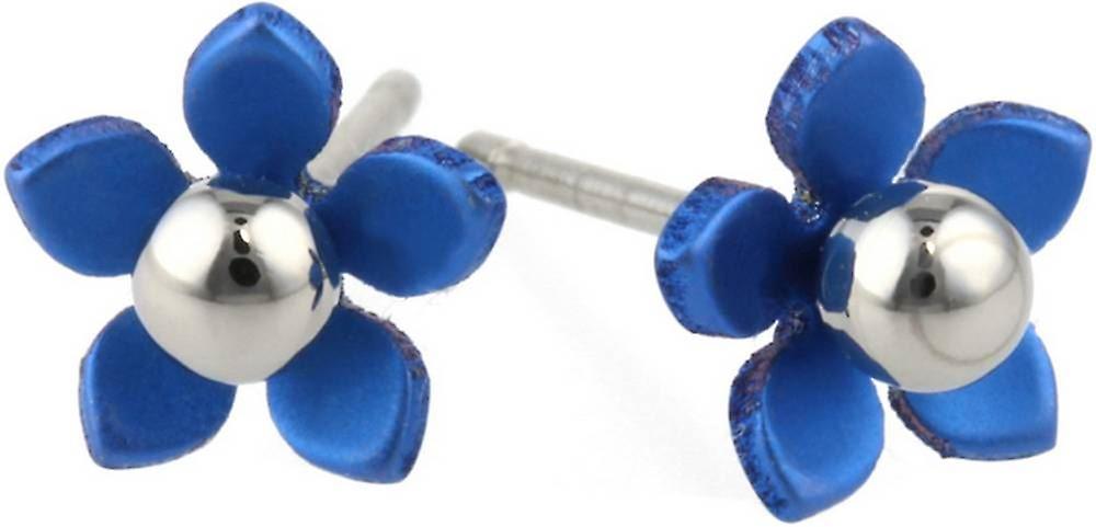 Ti2 Titanium 8mm Five Petal Polished Bead Flower Stud Earrings - Navy