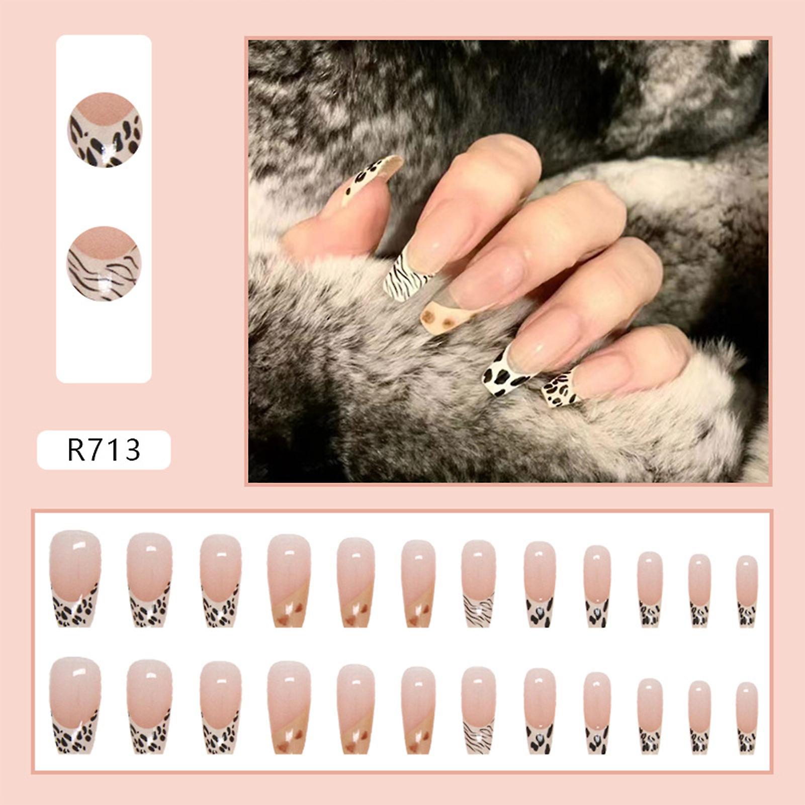 Mid-length Pink Translucent Fake Nails Different Animals Pattern Stylish Nails
