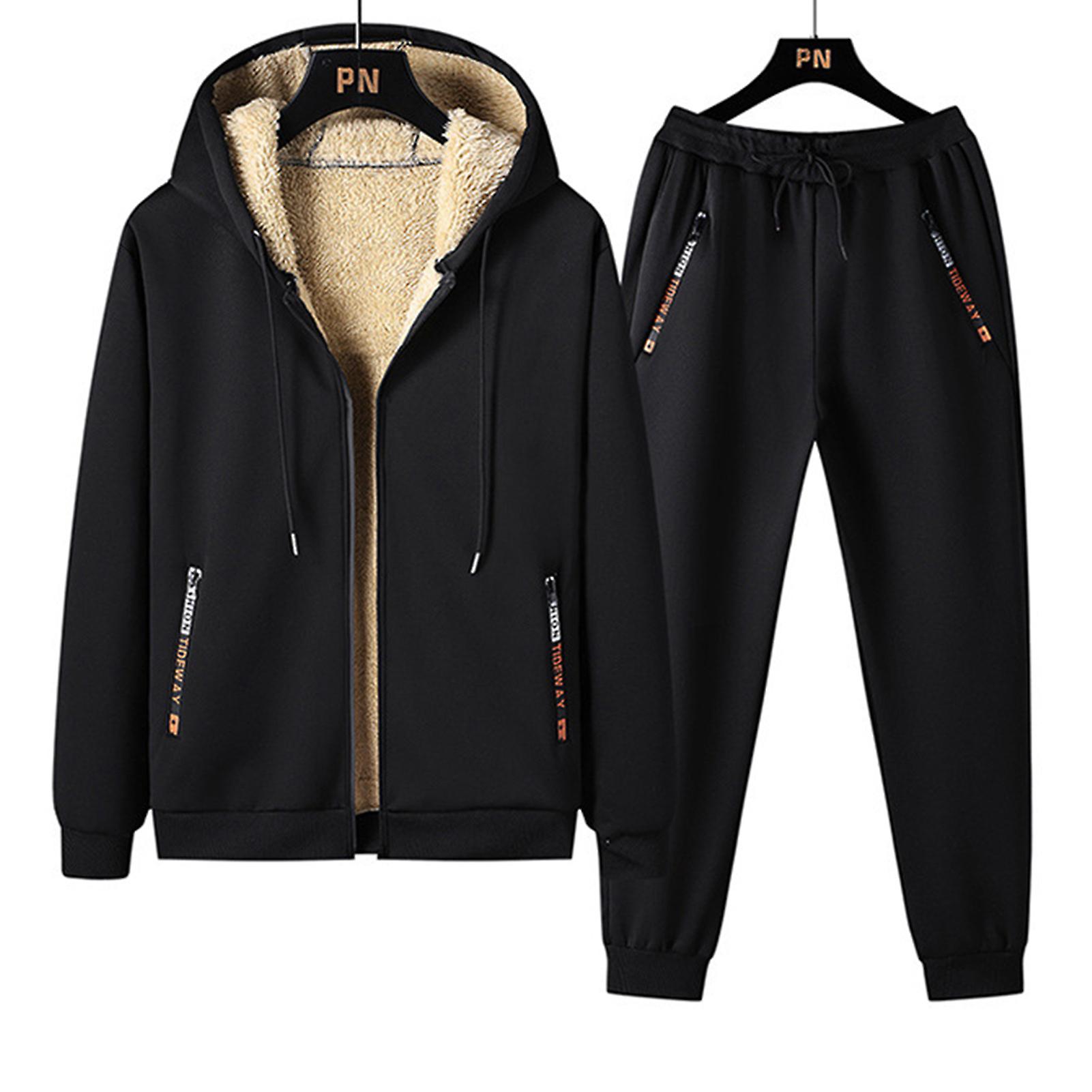 2 Pcs/Set Winter Coat Pants Set Hooded Fleece Long Sleeves Thick Elastic Waist Keep Warm Drawstring Plus Size Zipper Men Winter Tracksuit for Work