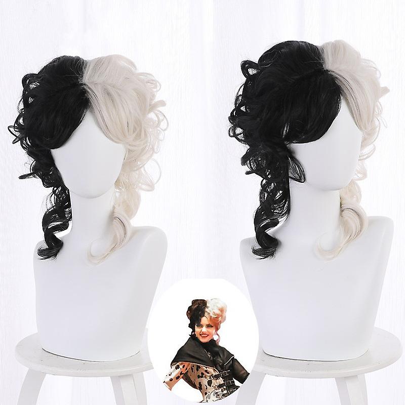 Parrucca di Halloween Parrucca Crudelia Crudelia De Vil Corto Nero Bianco Ms. Spot Capelli Deville Dalmations Resistente al calore Cosplay Costume Parrucche + Parrucca
