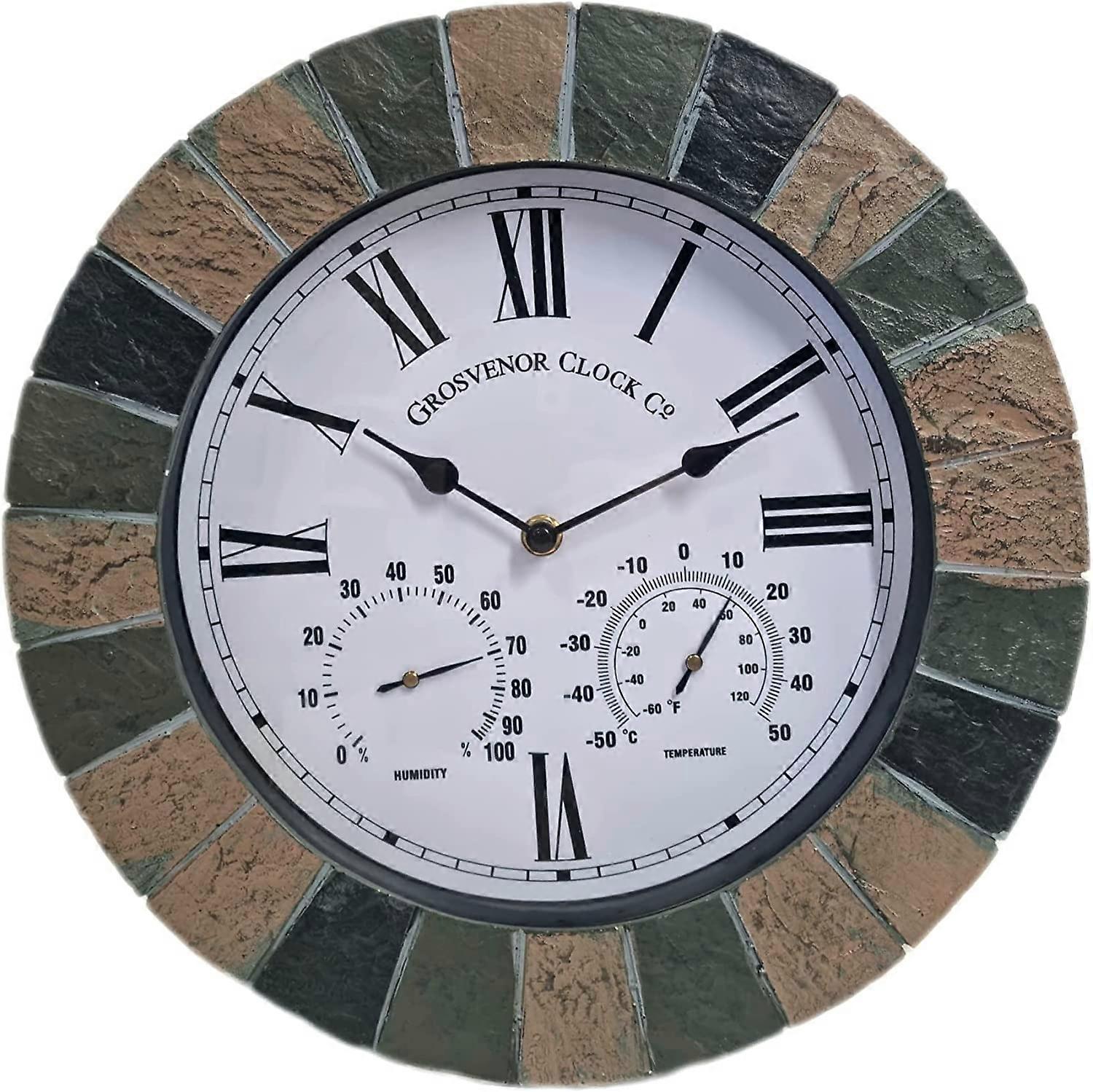 XIANRENG SLATE EFFECT GARDEN WALL CLOCK & THERMOMETER & HUMIDITY INDOOR OUTDOOR