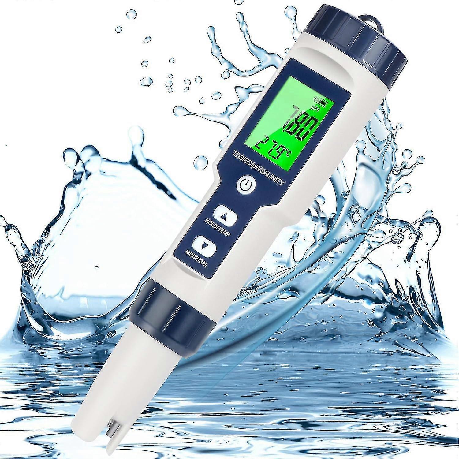 Ph-mètre 5 en 1 pour l’eau, pH/tds/ec/temp/salin, testeur de sel pour piscine d’eau salée, testeur de pH numérique de haute précision de résolution 0,01