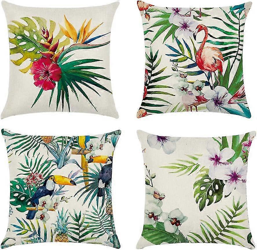 Acsergery Set Of 4 Tropical Plant Cushion Cover Cotton Linen Throw Pillow Case Decorative Gift