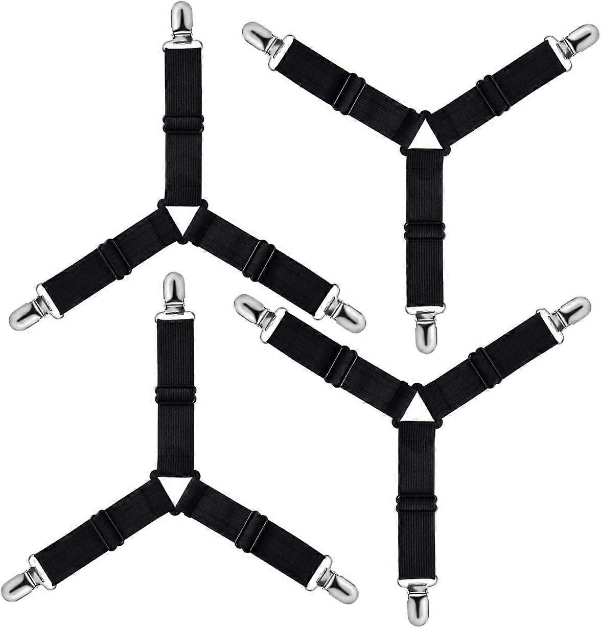 Triangle Adjustable Fitted Sheet Tensioner, Holding Strap Attachment for Bedding, Bed Sheet, Ironing Cover, Mattress, Sofa (Black, Set of 4)