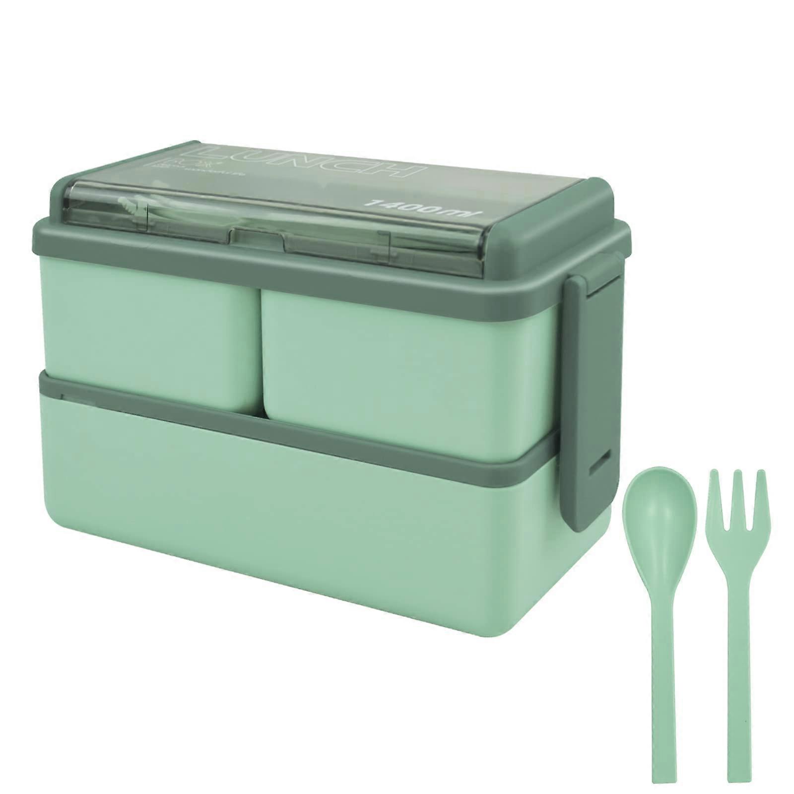 Bento Lunch Box Stackable,1400ml Containers with 3 Removable Compartments and Cutlery, Leak Proof 2 Layer Boxes (Green)