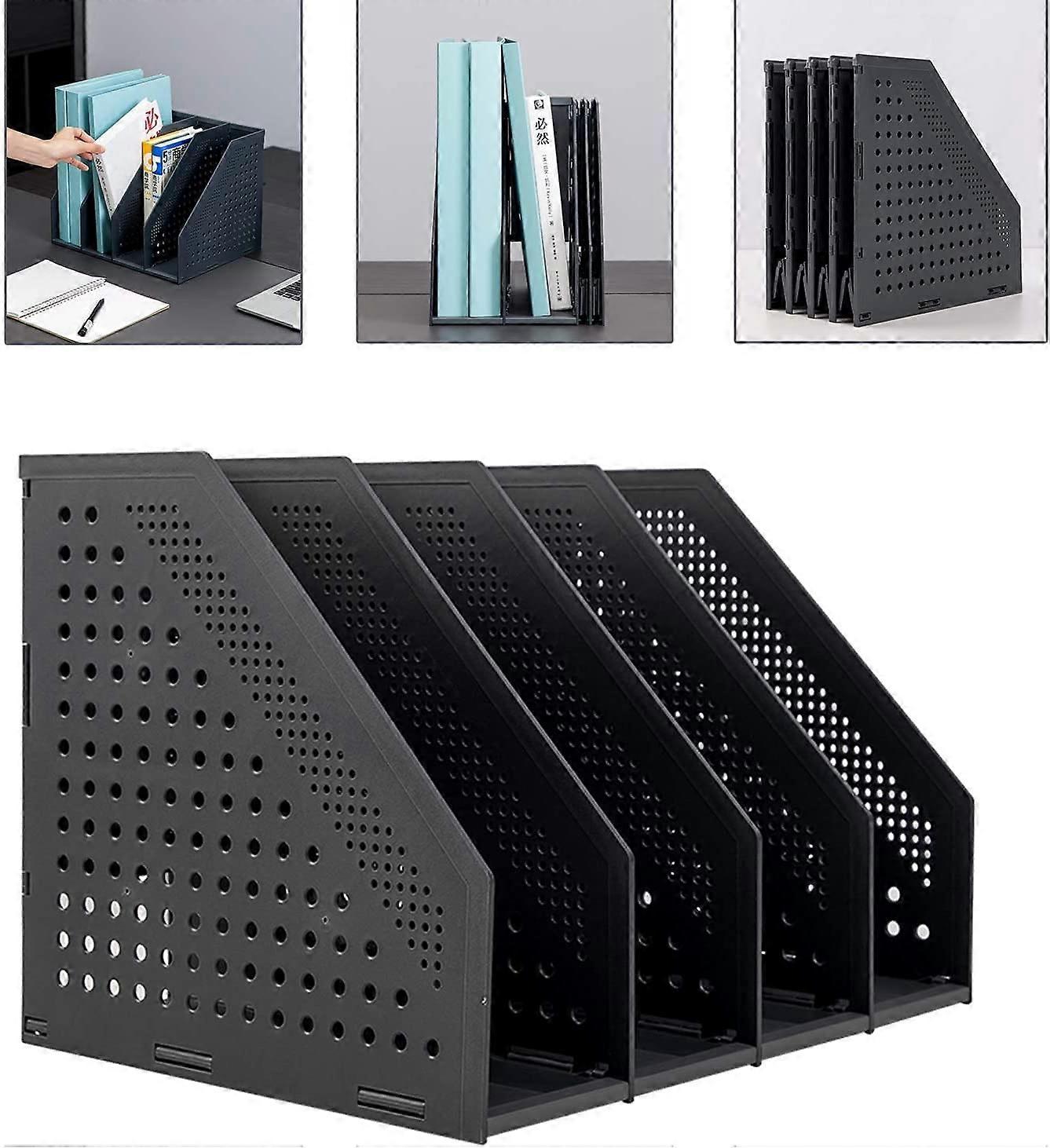 A4 File Holder Folding Bookshelf ,4 Vertical Compartments(Dark Grey)