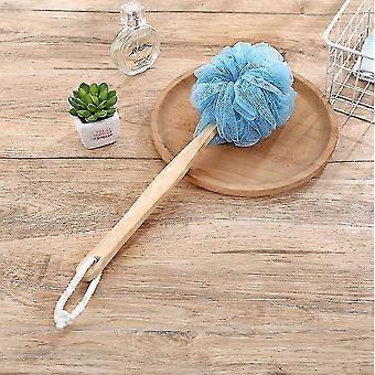 Wooden Long Handle Bath Brush Back Scrubber Wood Bath Shower Body Brushes Sponge Hanging Soft Mesh Brush (blue)