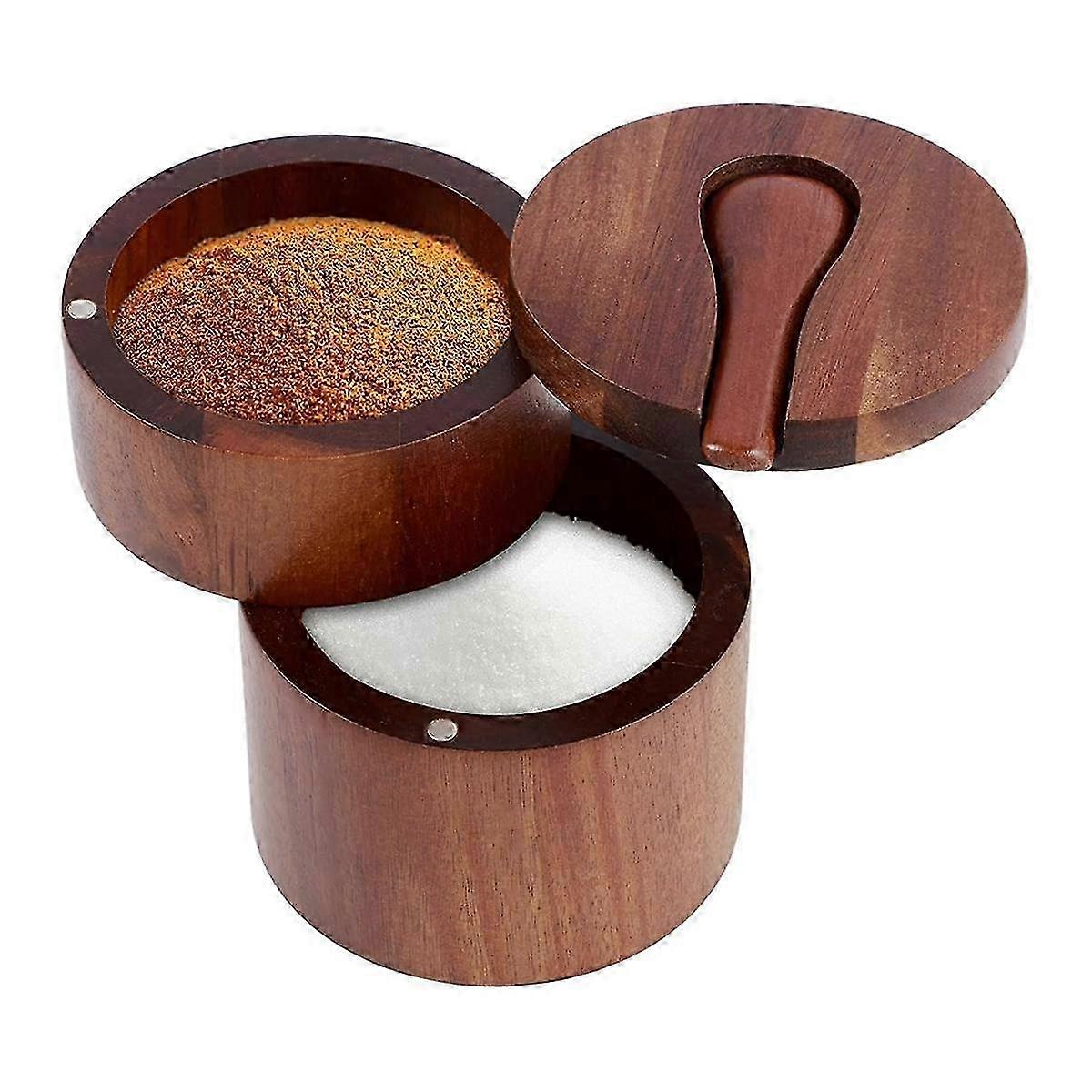 Wooden Salt Shaker, 2-Tier Spice Container, Small Wooden Box for Storing Salt, Spices, Herbs or Fav