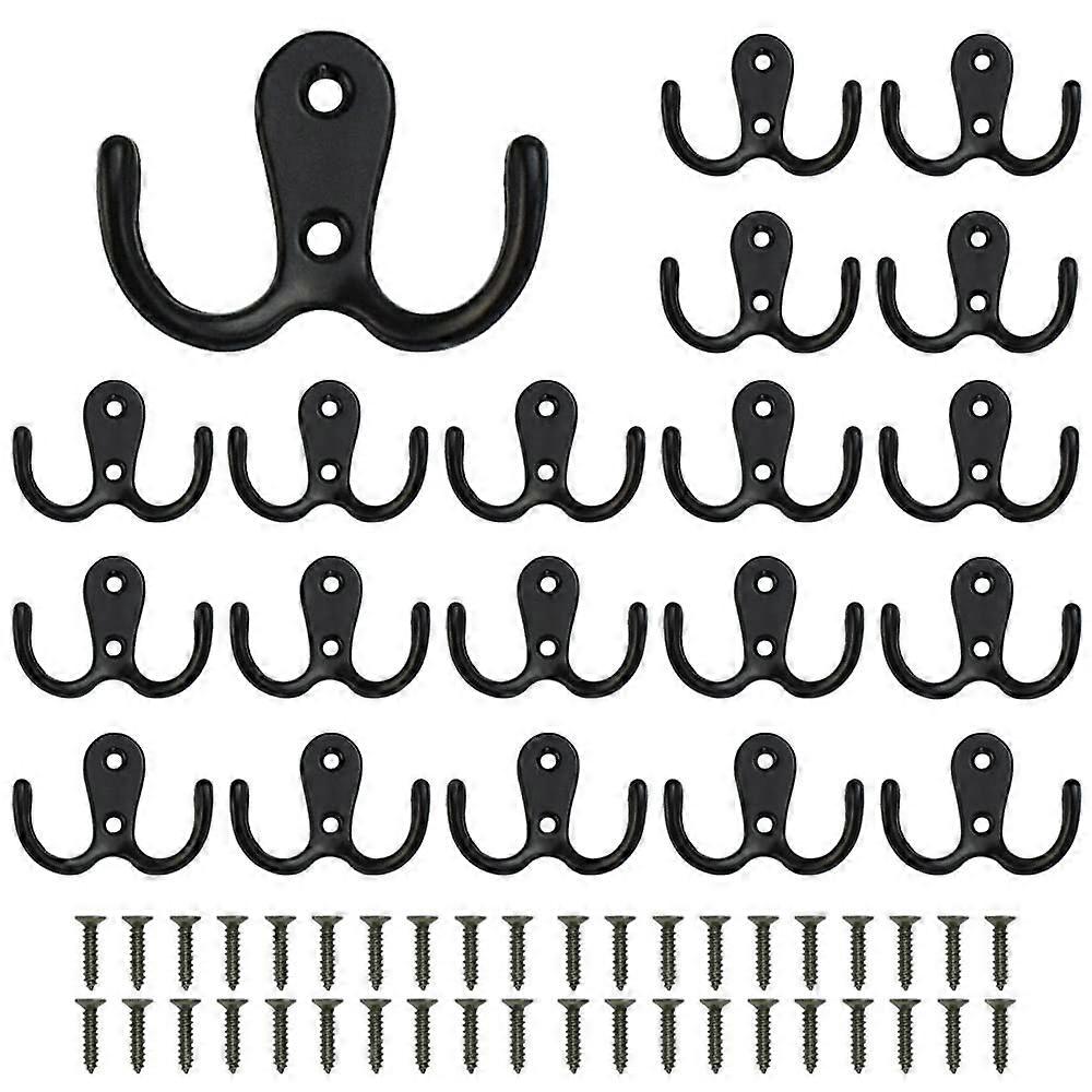 Double Prong Robe Hooks, 20 Pcs Dual Coat Hooks Retro Metal Cloth Hanger Double Robe Hooks with Screws