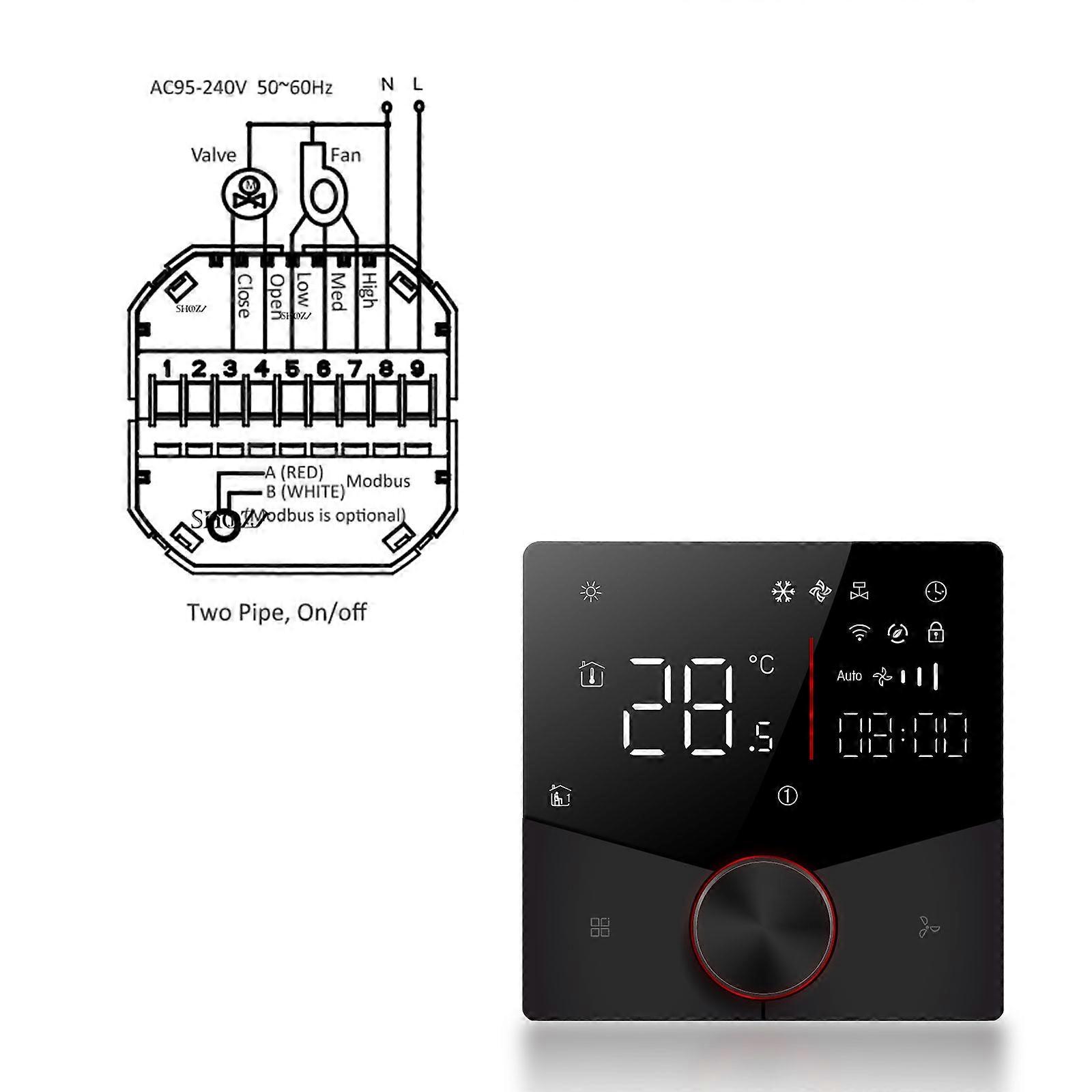 2 4 tuyaux WiFi Smart Climatiseur central Thermostat Interrupteur Chauffage Cool 3 Vitesse Ventilo-convecteur Contrôleur de température vocal