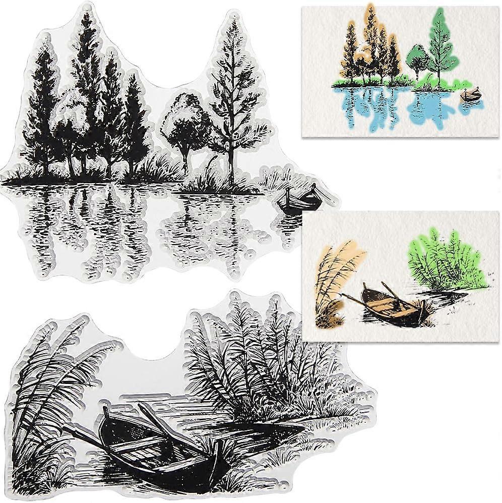 Tree Lake Scenery Background Clear Rubber Stamp Boat River Vintage Transparent Silicone Seals Stamp Retro for Journaling Card Making DIY Scrapbooking