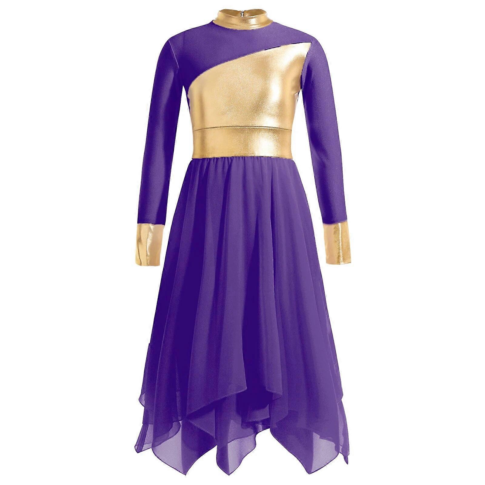 green emerald velvet dress Danzcue Praise Dance Shimmery Parallel Long Sleeve Dress Deep Purple-Gold / M-Adult main image 1