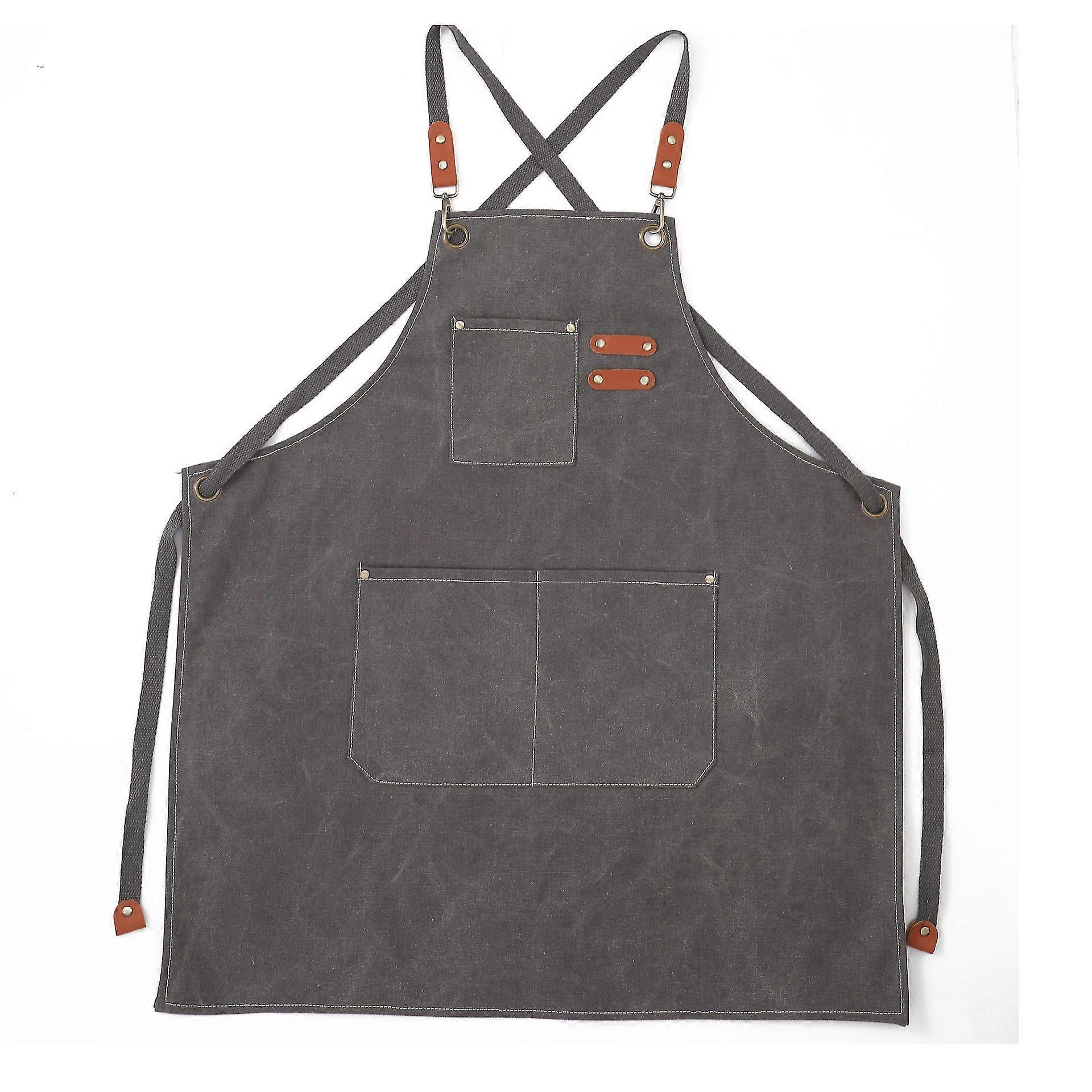 Chef Apron, Canvas Aprons With Pockets Cross Back Kitchen Apron For Cooking Grilling Baking Bbq Barber