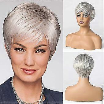 Parrucche corte in misto capelli umani grigio argento per donne, parrucca naturale per capelli Pixie Cut, leggera / traspirante / morbida (colore 101)