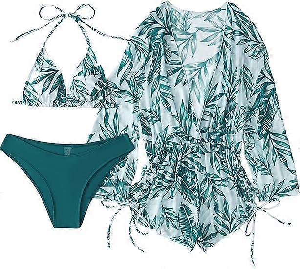 Traje de bao de 3 piezas para mujer con estampado de hojas