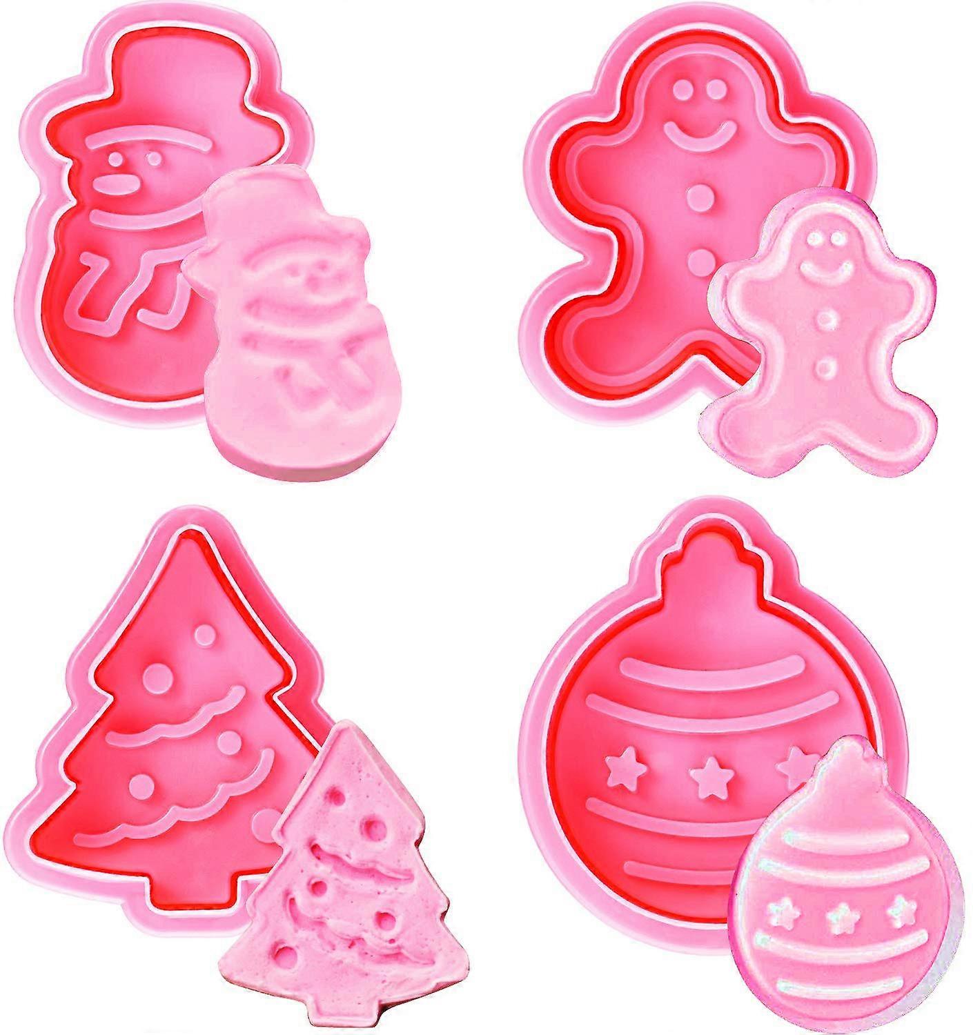 4 Pcs Christmas Biscuits Cutters Set Christmas Tree Snowman Gingerbread Egg Stamper Spring Loaded Handle Cutter