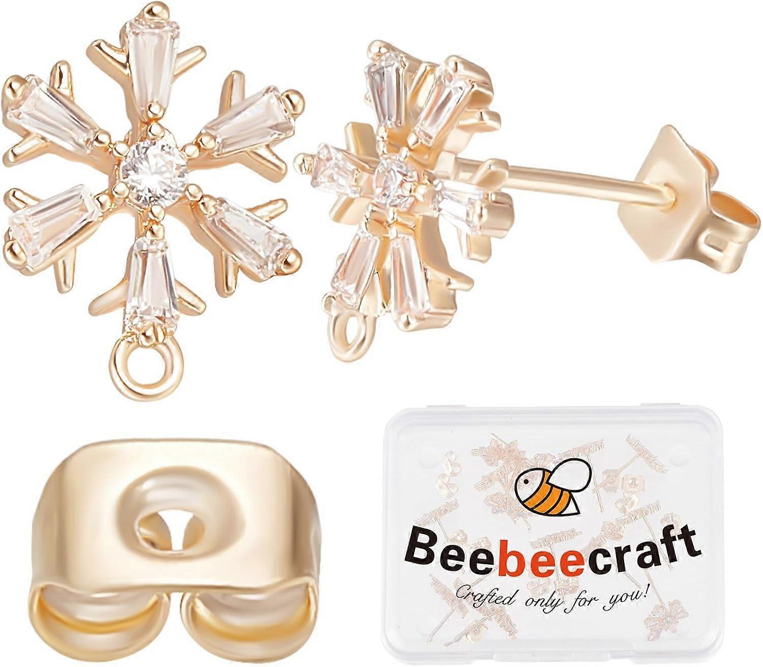 1 Box 20Pcs Zirconia Ear Stud Findings 18K Gold Plated Snowflake Earring Post with Loop and Brass Ear Nuts for Winter Christmas New Year Birthday DIY 