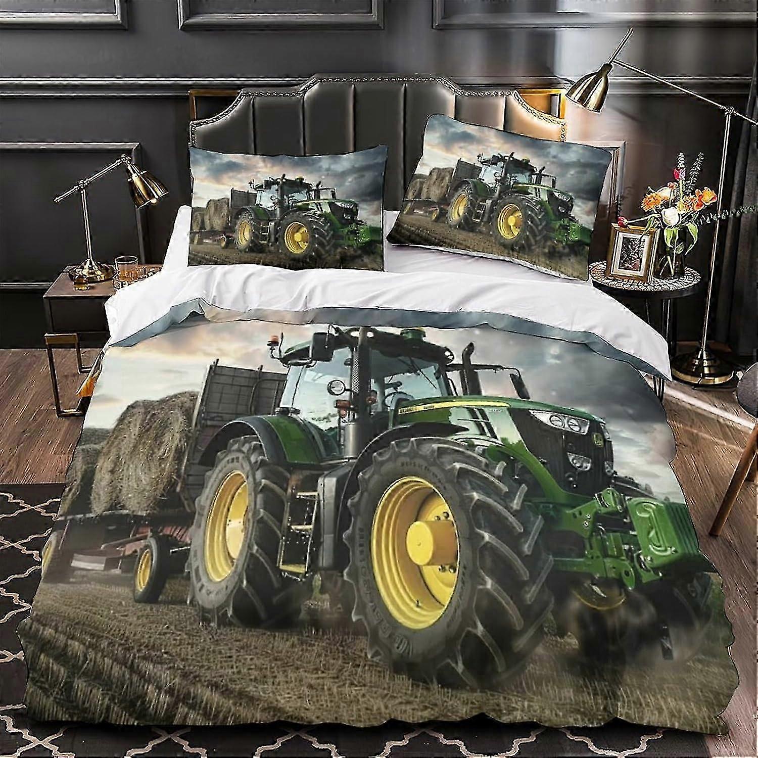 J4252 Lençóis Capa de Edredão Conjunto 3D Trator Agrícola Impresso Conjunto de Capa de Colcha de Cama 3 Peças Capa de Colcha de Cama de Microfibra Macia com Fecho de Zíper para 