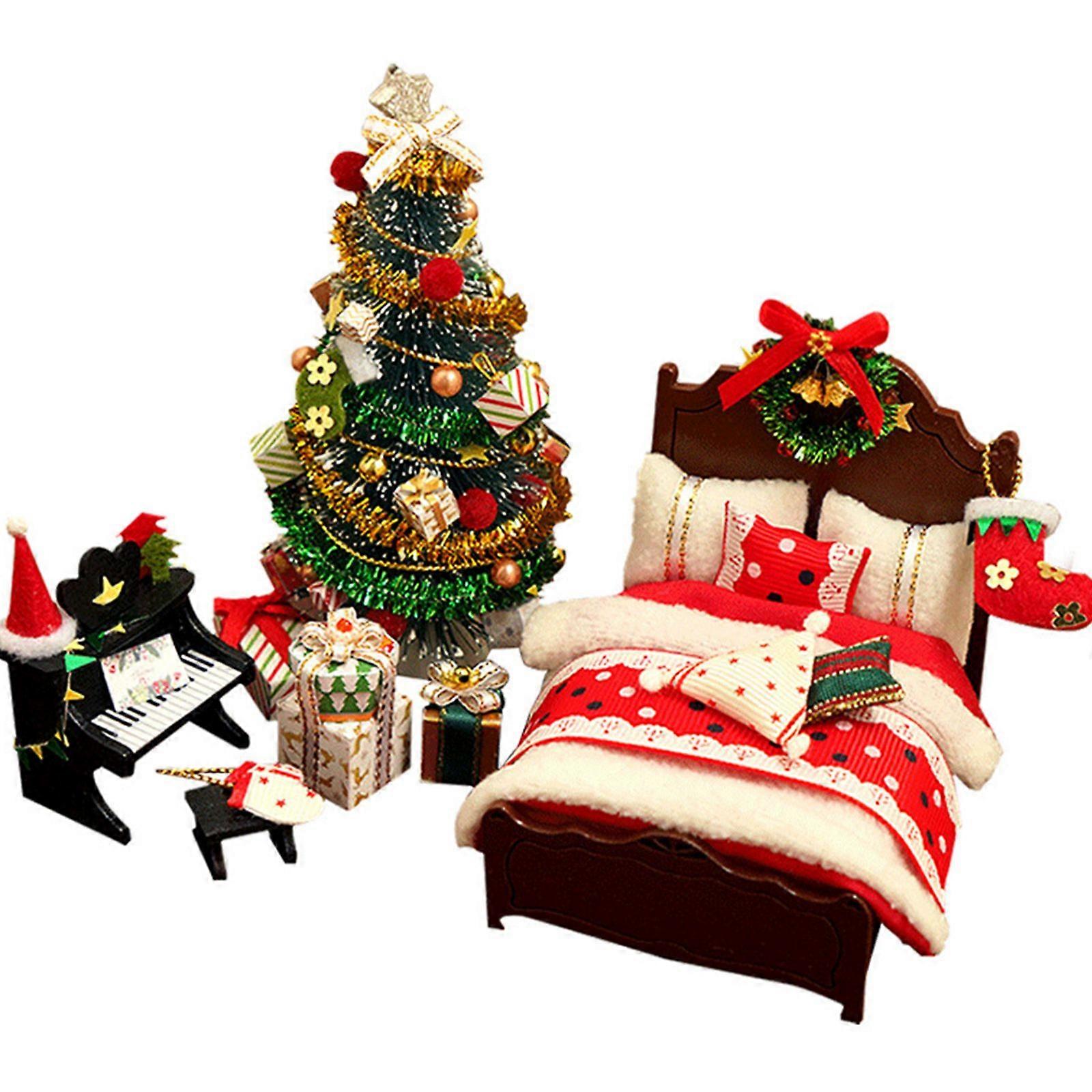 Mini dockhus möbler set, mini jul dockhus tillbehör, jul sovrum set nytt