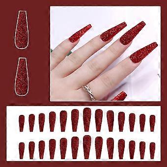 Vino Rosso scintillante Press-on Unghie Durevole Copertura completa Unghie false