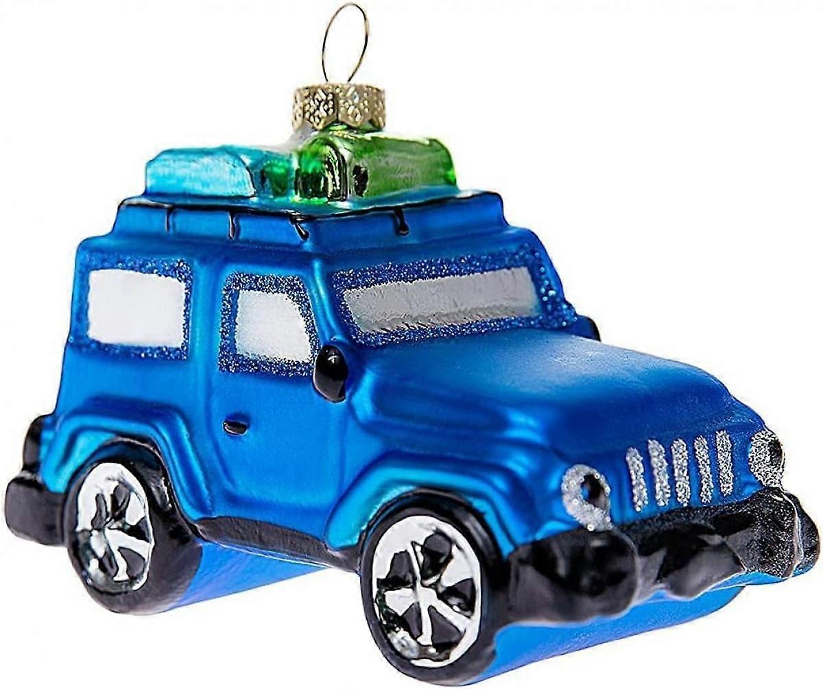 Glas SUV bil julprydnader för julgransdekorationer, hängande dekorativa handmålade blåsta glasprydnader