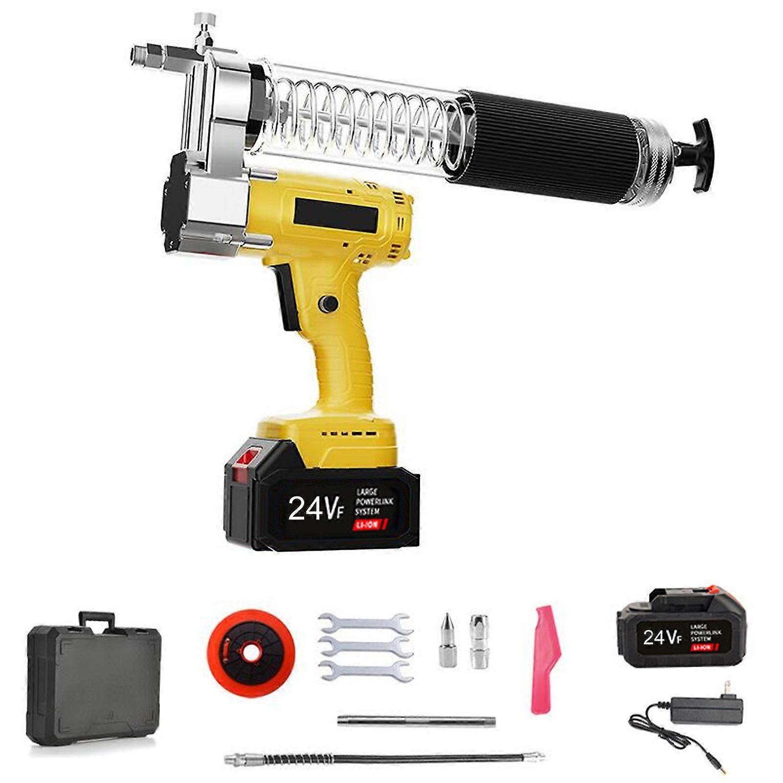 24V Grease Gun Kit, 12000PSI Cordless Battery Powered Grease Machine with Spring Hose, Tension Pipe, Nozzles, Carrying Case, US Plug MK1032