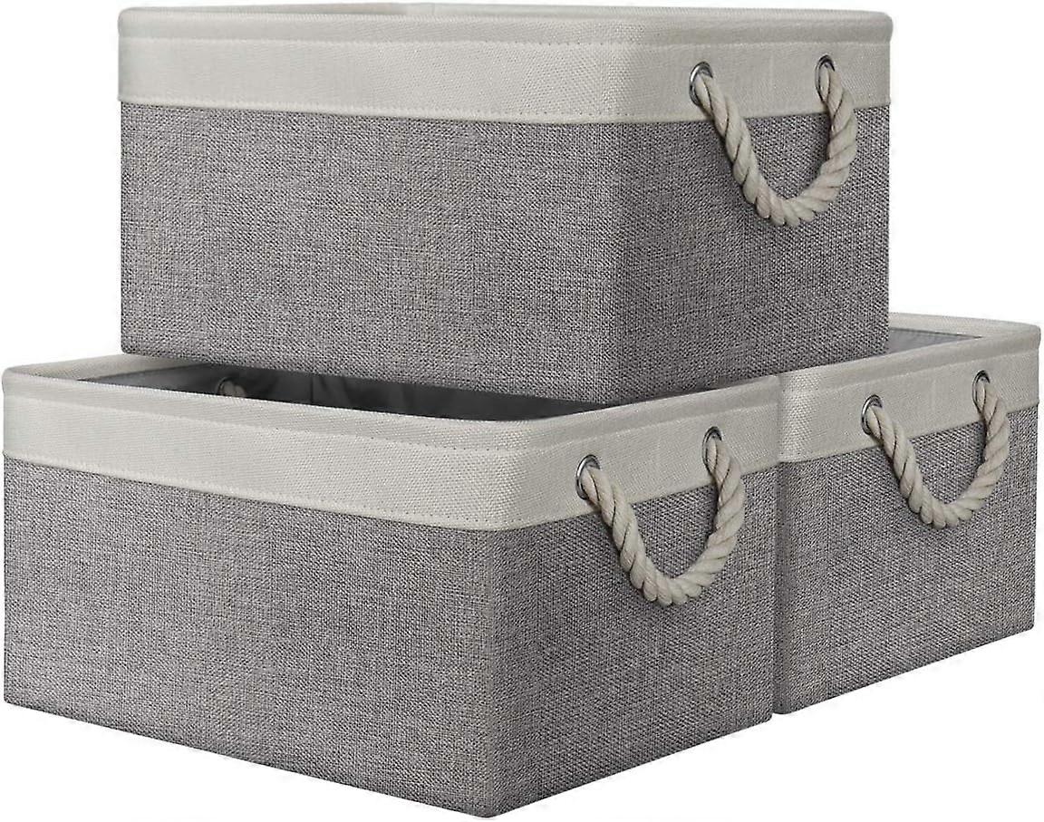 Set of 3 foldable storage boxes, 40x30x21 cm, large storage basket with drawstring and two handles, white/grey.