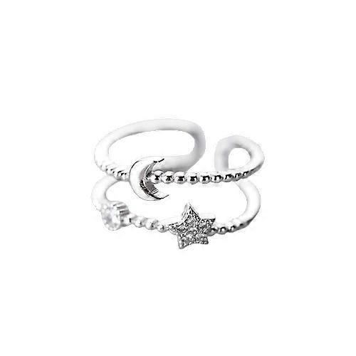 Anel de abertura de moda simples para mulheres Retro Minimalista Dupla Camada Lua Estrelas Cruz Zircão Anel de Dedo Ajustável Jóias de Festa