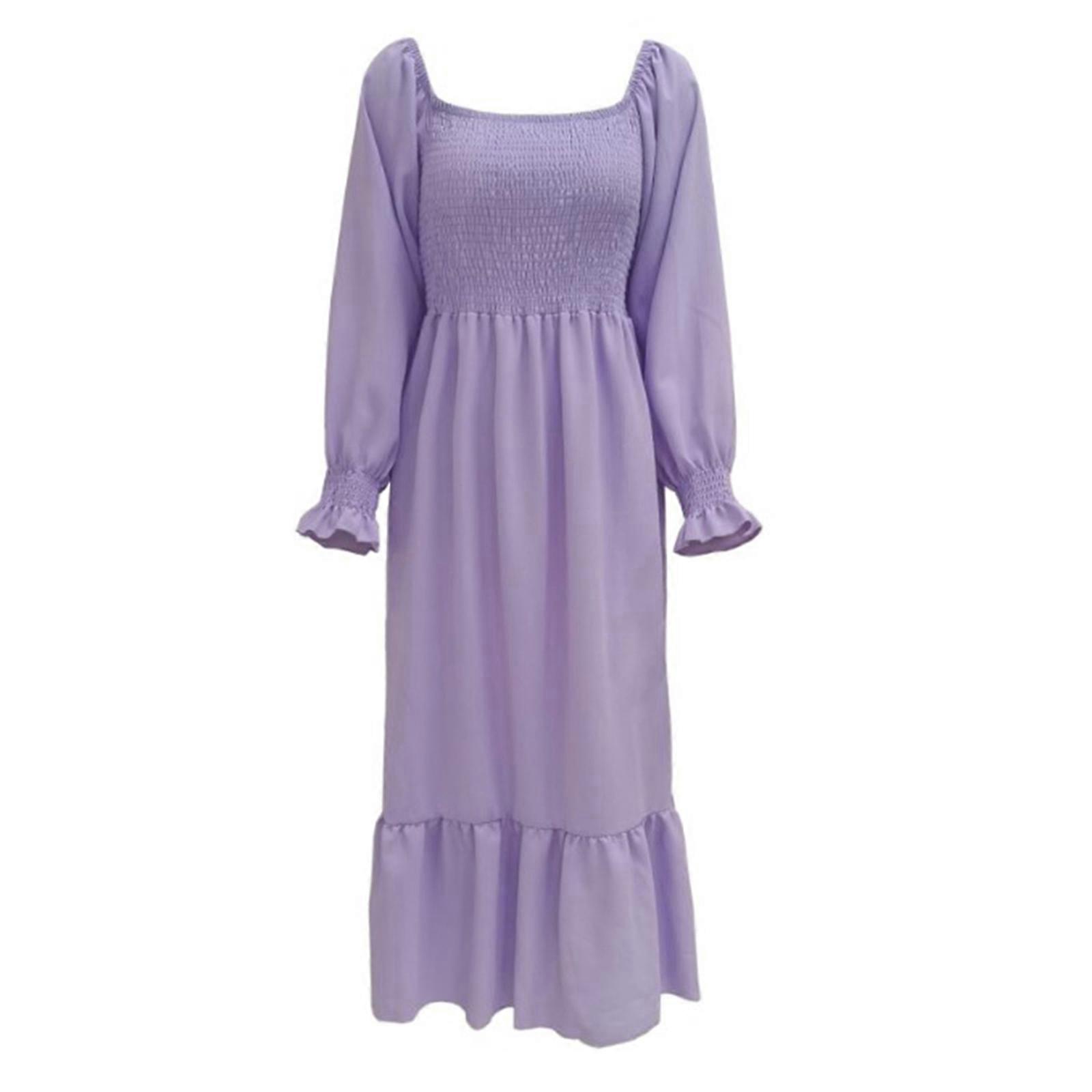 Femmes Col Carré Volant Ourlet Fronce Maxi Swing Robe Bouffant À Manches Longues Couleur Unie Épaule Dénudée Robes Trapèze Violet XL