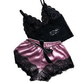 Naisten Makeus Cami Pyjamasetti V kaula-aukko Pitsi Camisole Crop Top ja shortsit Alushousut Alusvaatteet Yöasut Pehmeät yöasut Taro violetti XL