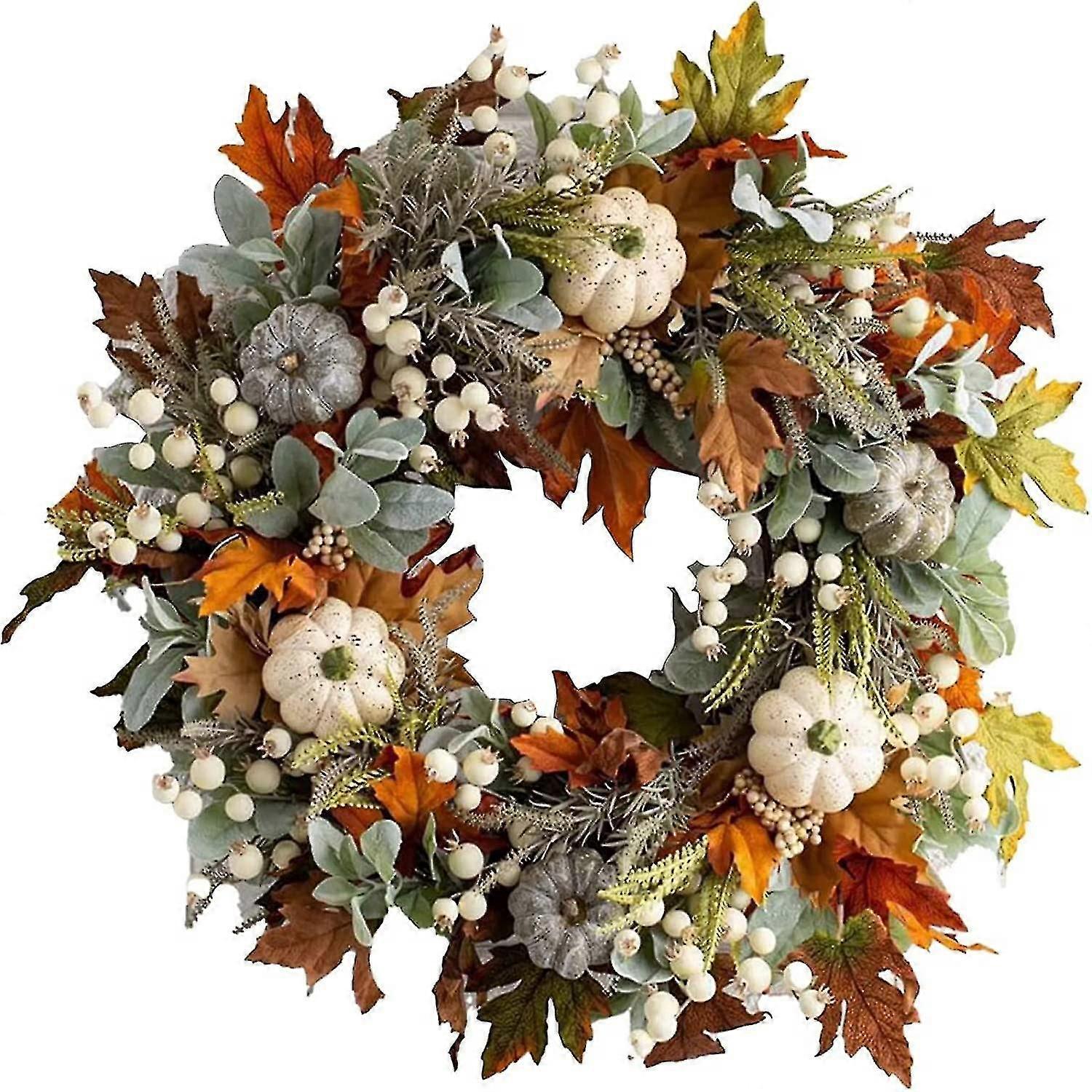 Fall Wreath For Front Door, Autumn Artificial Wreath With Maple Leaf,white Pumpkins And Berries For Thanksgiving Window Wall Decor