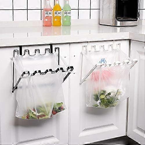 Stainless Steel Foldable Trash Rack Garbage Bag Holder Door Back Type Multi-Functional for Kitchen Hook Hang Dishcloth