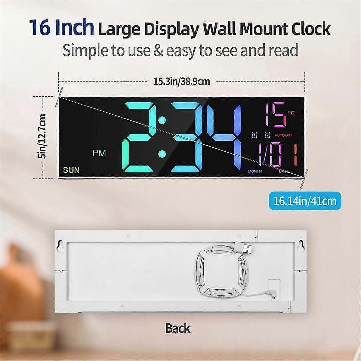 16.2in Large Digital Wall Clock with Remote Control, Temperature/Night ...
