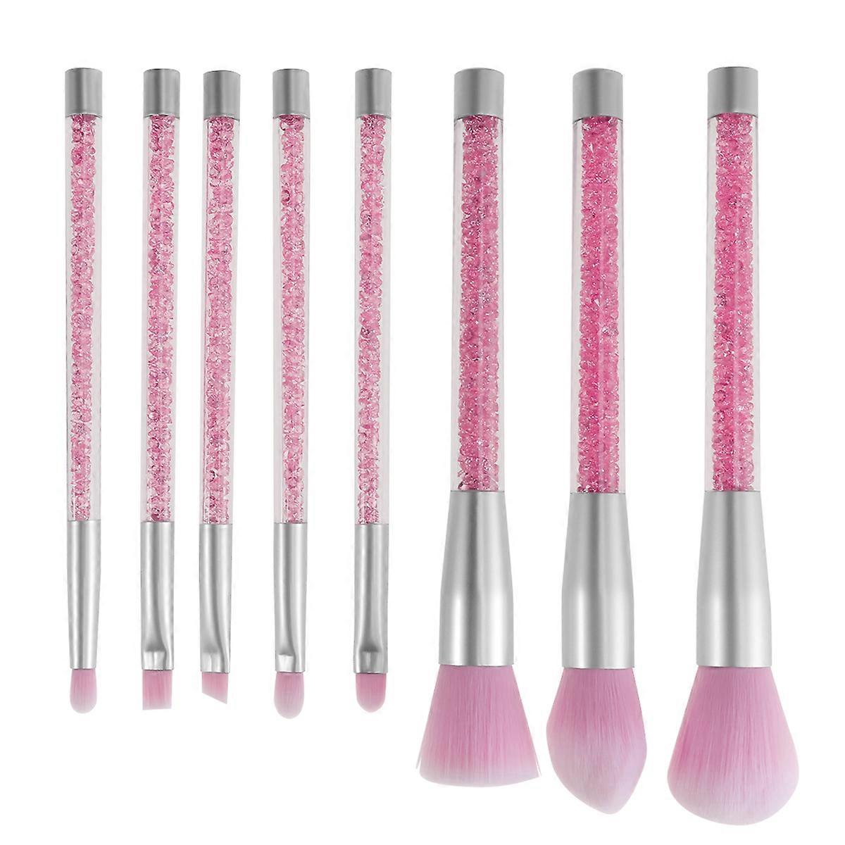 Makeup Brushes With Labels Pink Rhinestone Handle Cosmetic Application Kit 8Pack