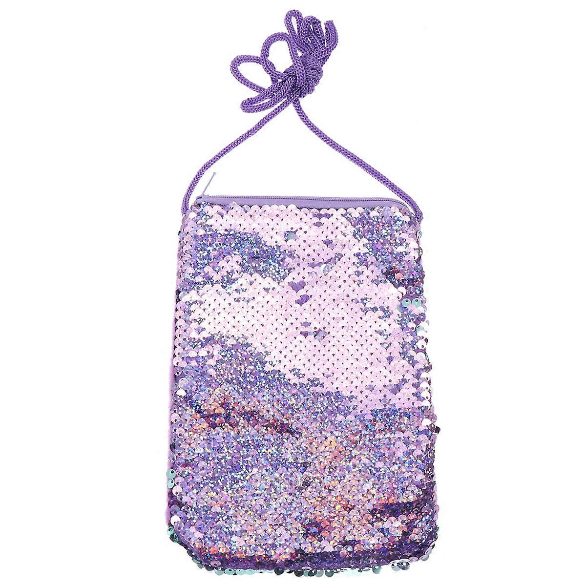Glitter Sequin Handbag Square Shoulder Bag Women 19.5 X 13 X 1Cm Purple Green Storage 1Set