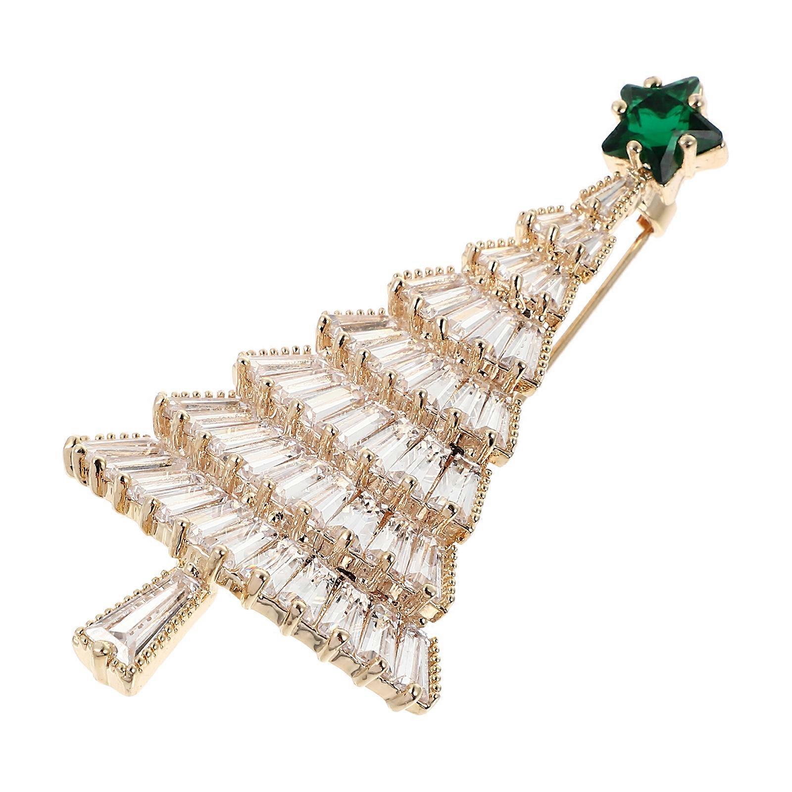 Golden Xmas Tree Brooch for Decor Use Made of Alloy and Zircon Lightweight Compact Size