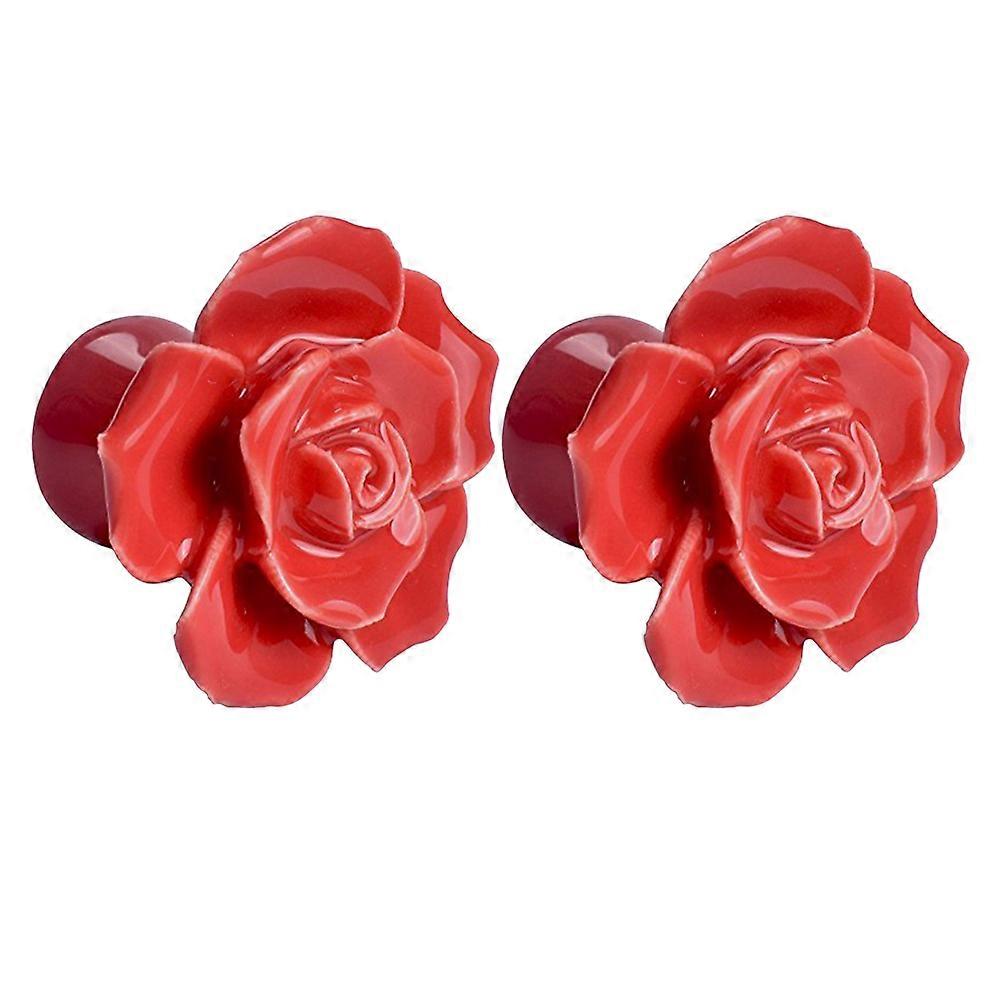 Vintage Rose Cabinet Knobs Ceramic Pull Handles For Home Decoration Red 2Pcs