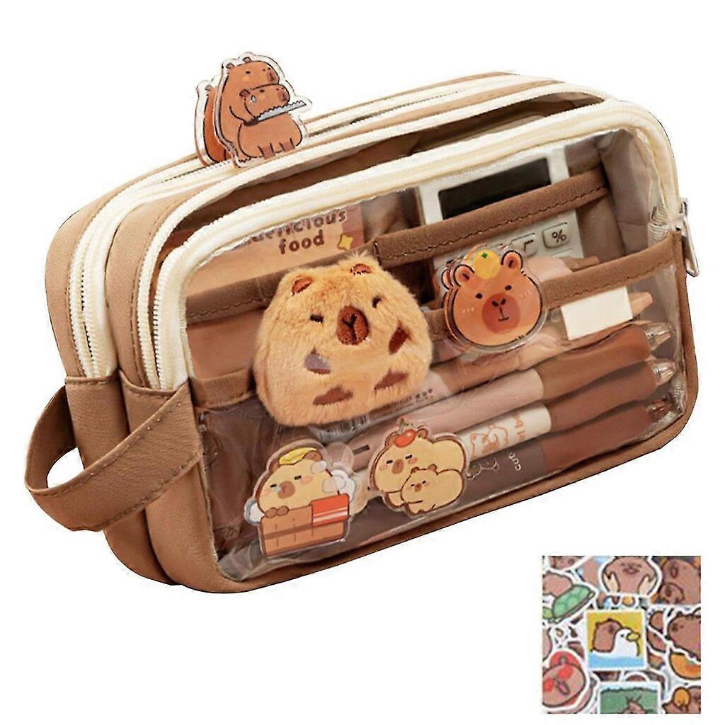 Transparent Capybara Plush Pencil Case, Multi-Layer Storage Bag