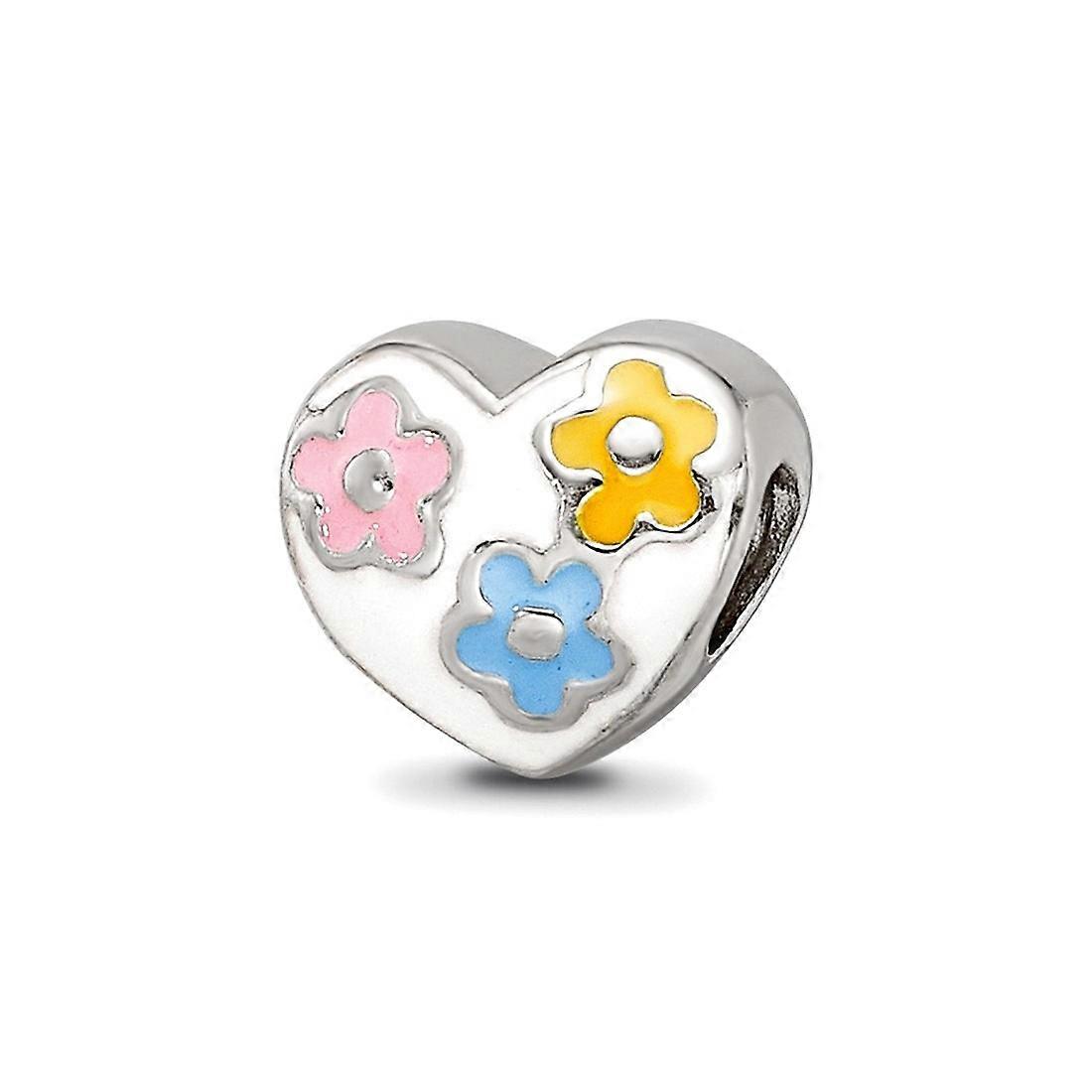 925 Sterling Silver Polished Pink Enamel Yellow-enamel Artisan Oxidized Reflections Enameled Love Heart With Flowers Bea