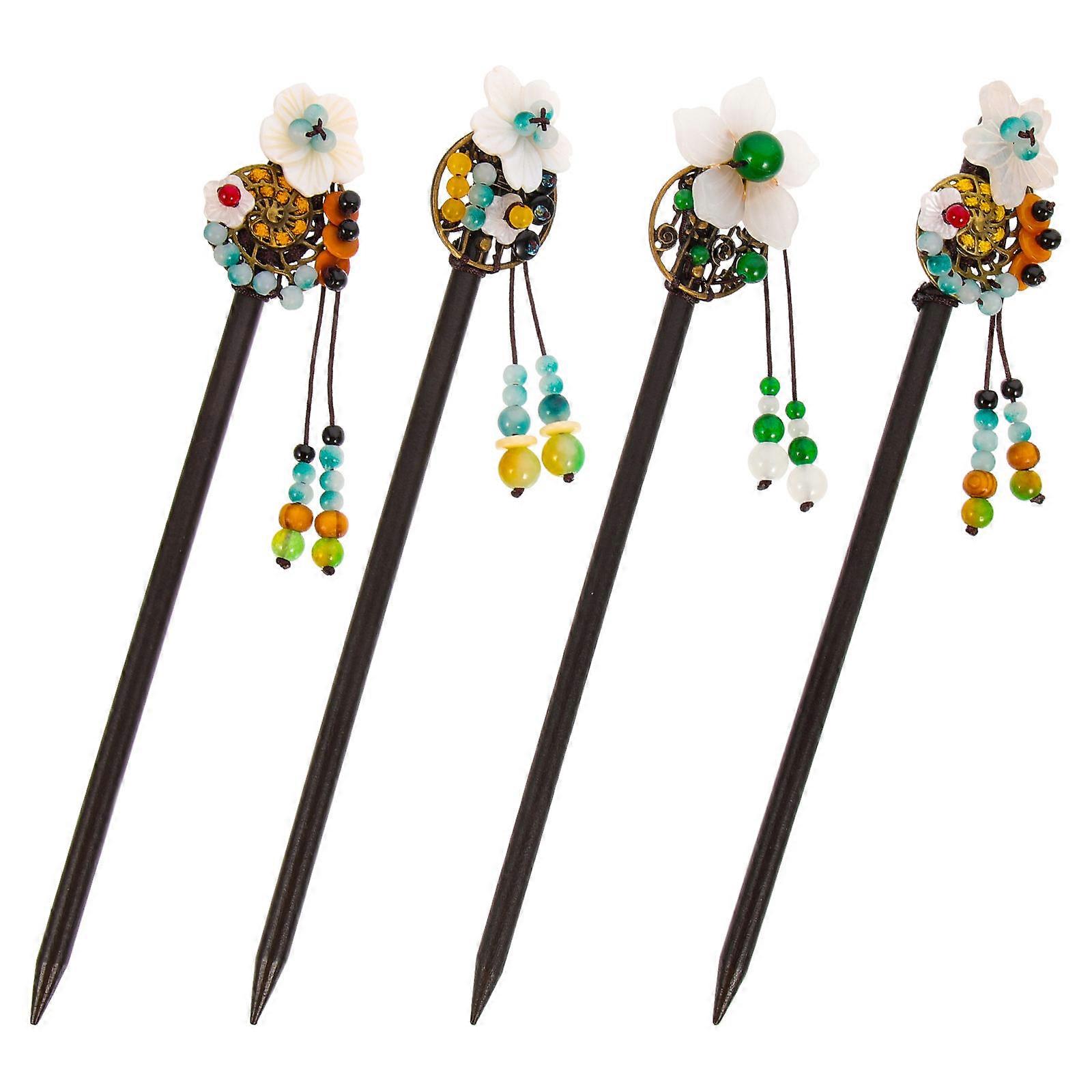 Wood Hair Sticks with Tassel and Flower Design for Bun Perfect for Decoration Multi Color 4pcs