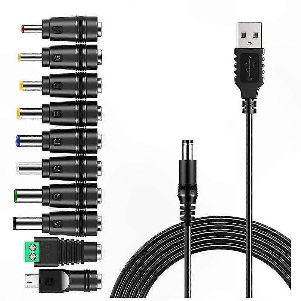 DC-strømkabel med 10 utskiftbare plugger og USB-kontaktadapter