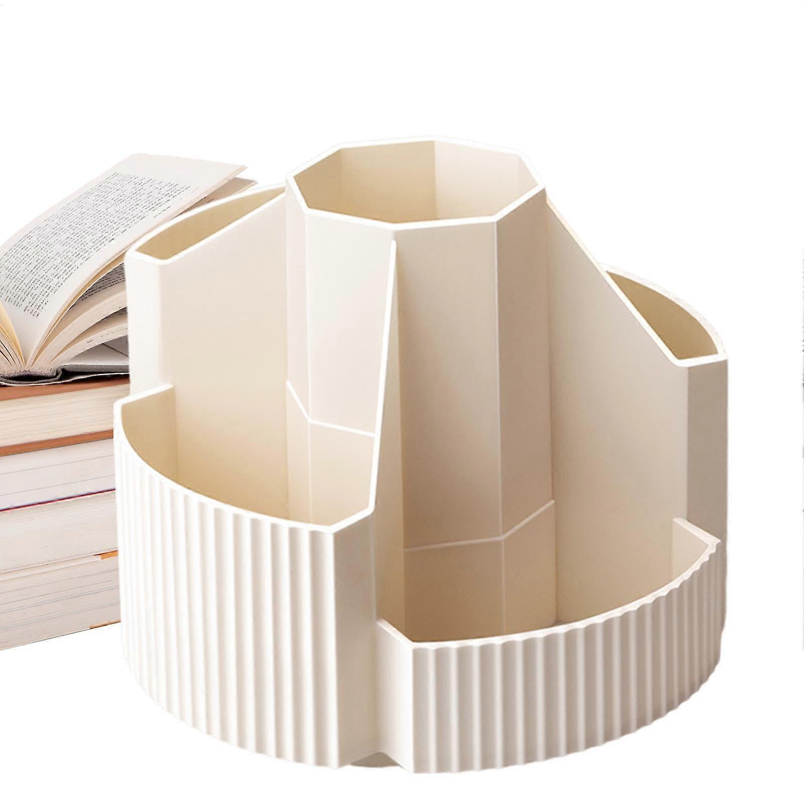 Rotating Pen Holder for Desk, White Desk Organizer with 5 Compartments, Adjustable Pencil Cup for Office Storage