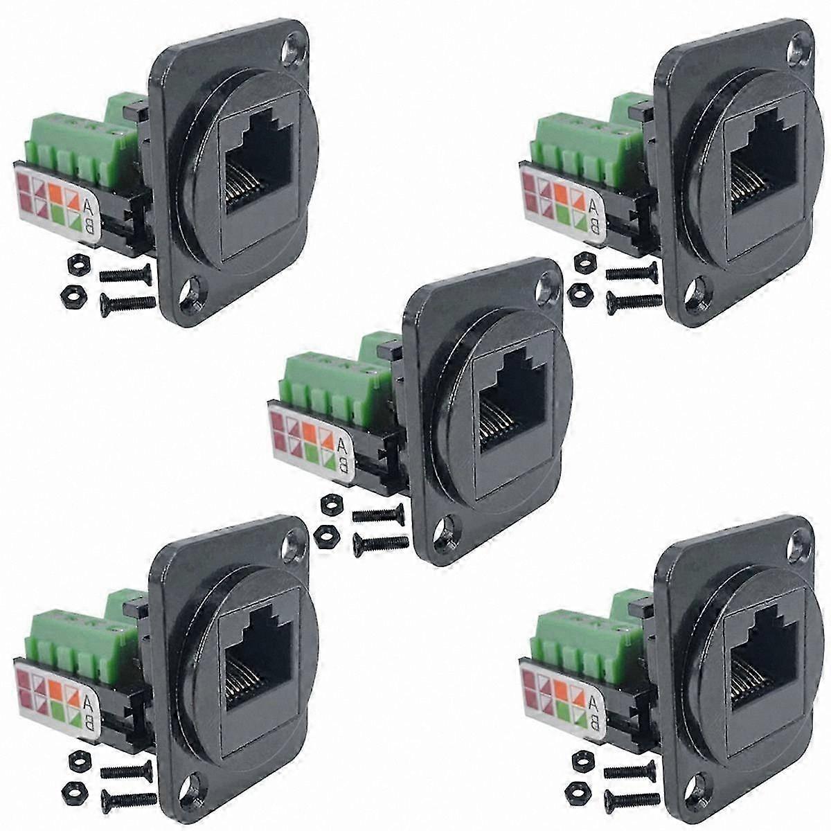5-Pack RJ45 Female Panel Mount Adapter, 8P8C Modular Connector to 8-Pin Terminal Block with Screw Terminals
