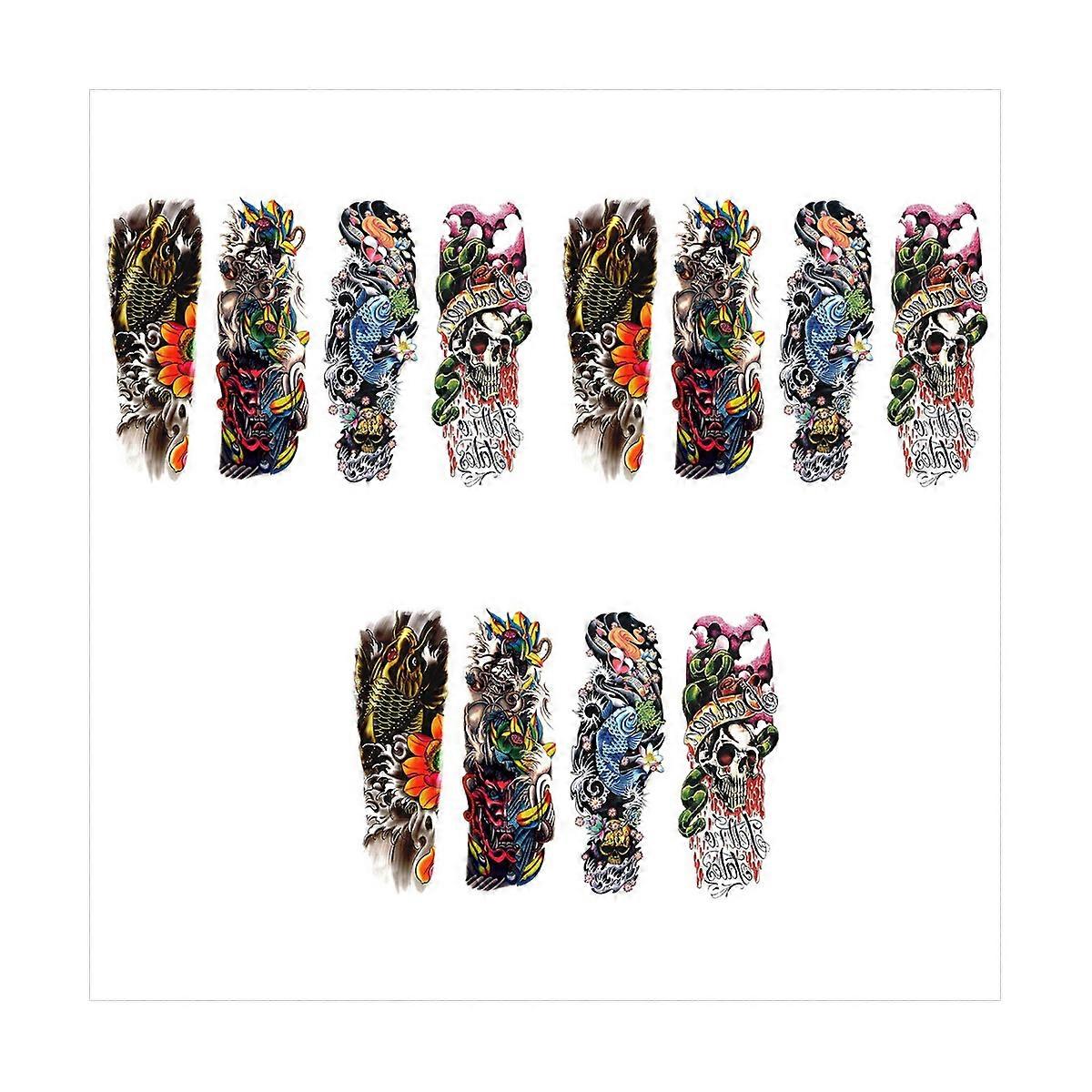 12Pcs Temporary Tattoos Fish Skull Color Full Arm Mechanical Pattern Tattoos Applique Arm Full Arm T