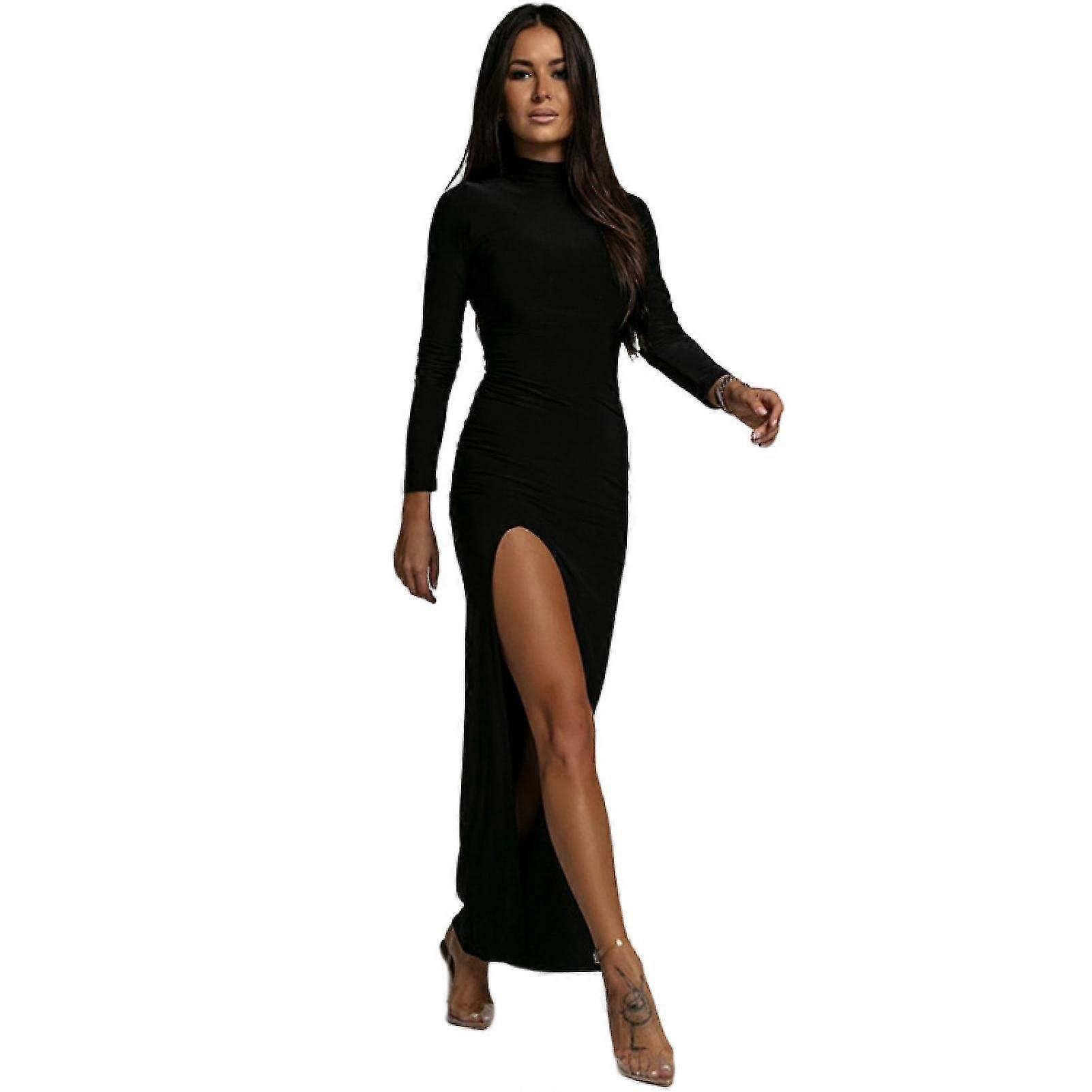 Women's Leopard Print Long Sleeve Turtleneck Bodycon Dress with Side Slit for Fall Winter