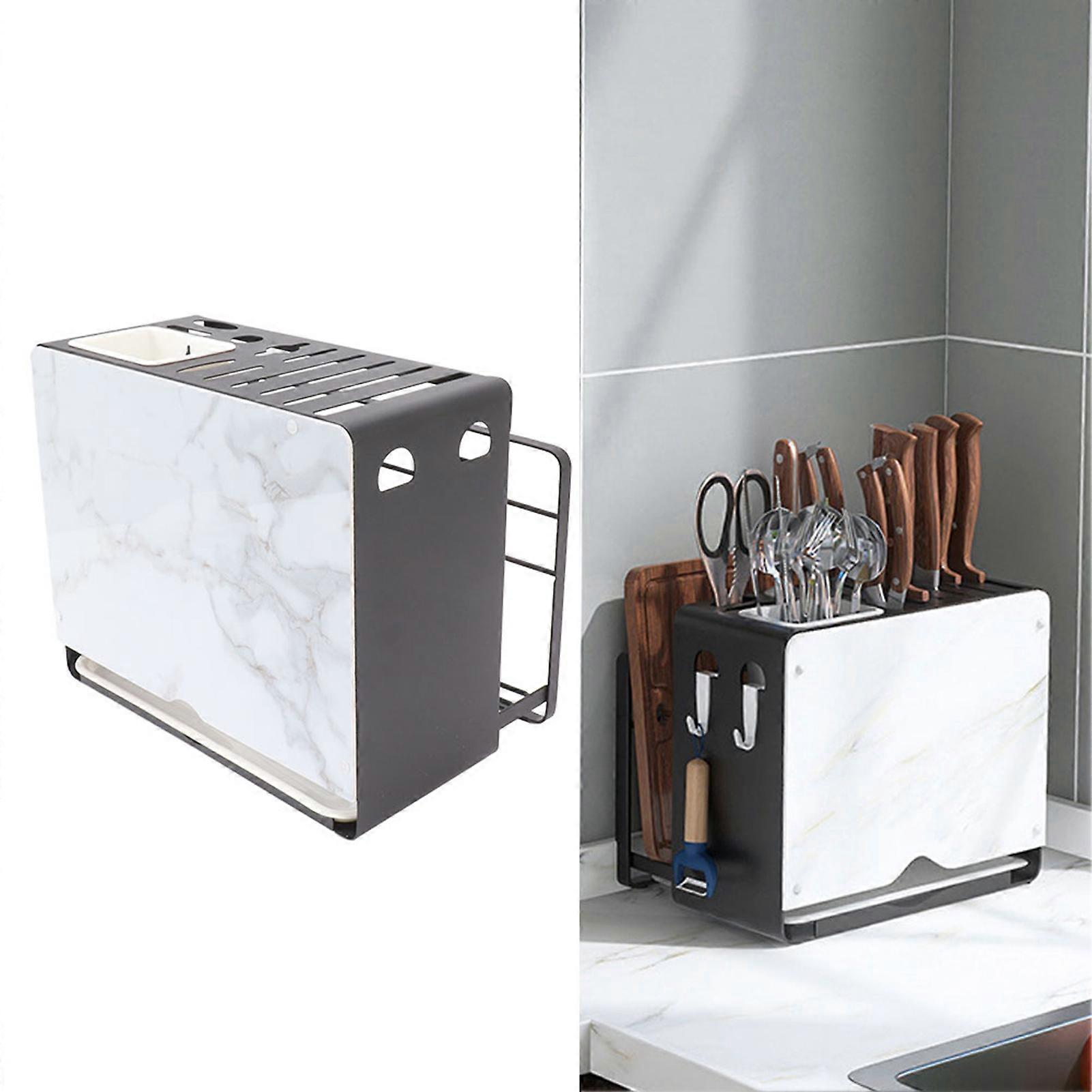 Multifunctional Knife Block with White Cutting Board & Lid Holder, 18.5x28x23cm Black Frame