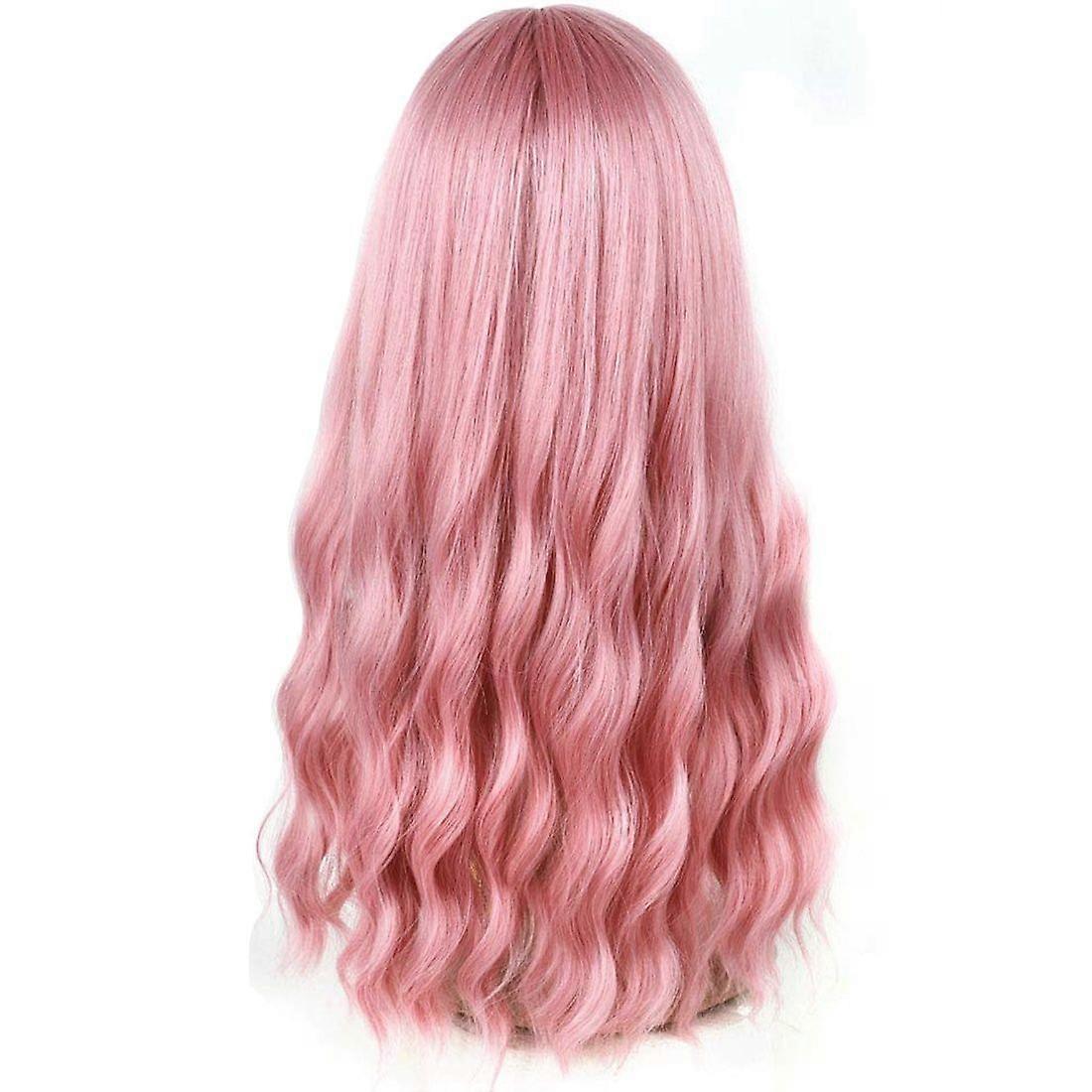 Pink Wig with Bangs Long Wavy Wig with Air Bangs Silky Full Heat Resistant Wig Hair Replacement Nat