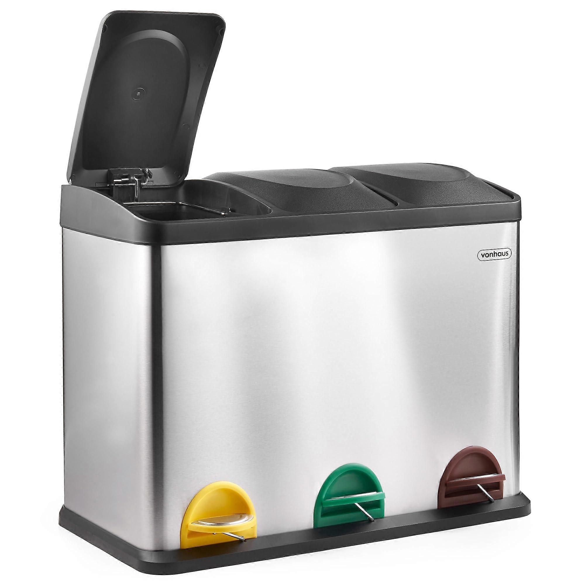 Kitchen Bin 45L Double Recycling Bin Stainless Steel Two Section Removable Compartments Airtight 3 x 15L